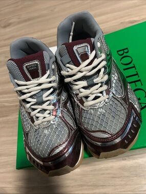 Bottega Veneta Silver Mesh & Burgundy Chunky Sneakers